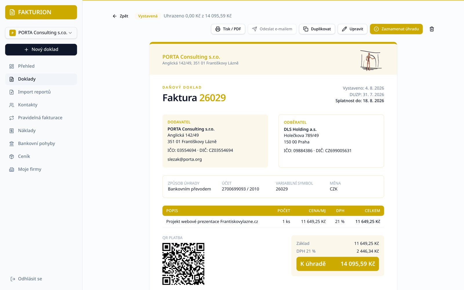 Náhled faktury s QR platbou